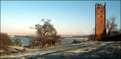 Orwell Bridge to the left, Freston Tower to the right